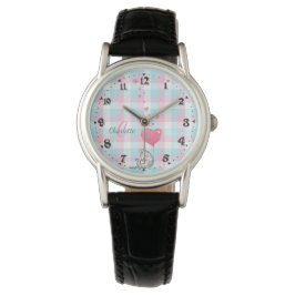 Cute Sleepy Cat Pink Blue Monogram Horloge