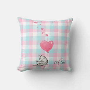 Cute Sleepy Cat Pink Blue Monogram Kussen