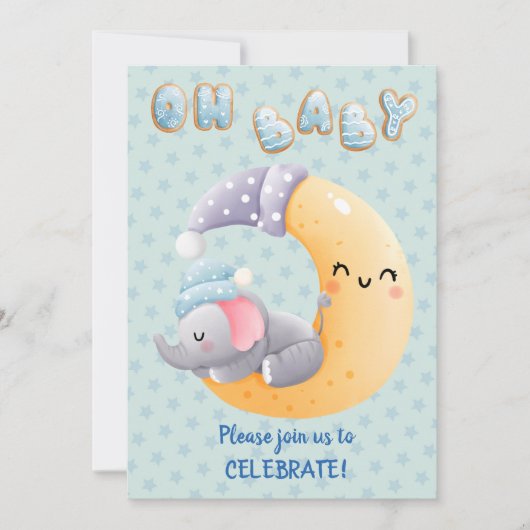 Cute Sleepy Elephant on Moon Baby Boy Shower Kaart (Voorkant)