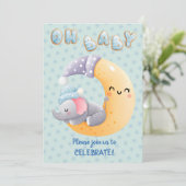 Cute Sleepy Elephant on Moon Baby Boy Shower Kaart (Staand voorkant)