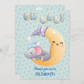 Cute Sleepy Elephant on Moon Baby Boy Shower Kaart (Voorkant / Achterkant)