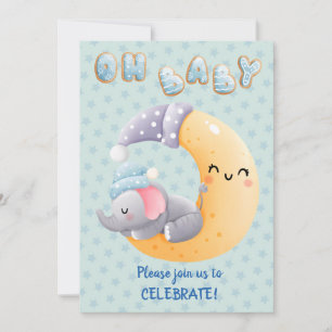 Cute Sleepy Elephant on Moon Baby Boy Shower Kaart