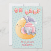 Cute Sleepy Elephant on Moon Girl Baby shower Kaart (Voorkant)