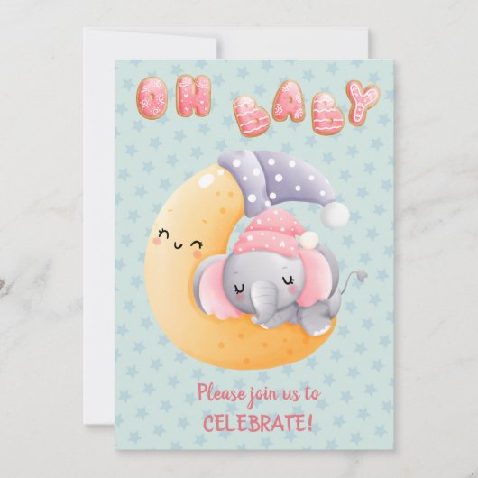 Cute Sleepy Elephant on Moon Girl Baby shower Kaart (Voorkant)