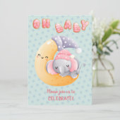 Cute Sleepy Elephant on Moon Girl Baby shower Kaart (Staand voorkant)