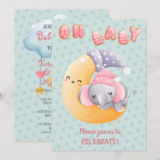 Cute Sleepy Elephant on Moon Girl Baby shower Kaart (Voorkant / Achterkant)