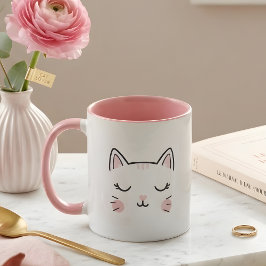 Cute Sleepy Kitty Face Pink & White Mug Mok