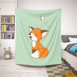 Cute Sleepy Little Fox on Green Sherpa Deken