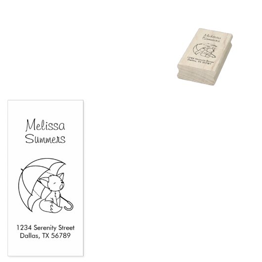 Cute Sleepy Little Fox onder Umbrella Address Rubberstempel (Gestempeld)