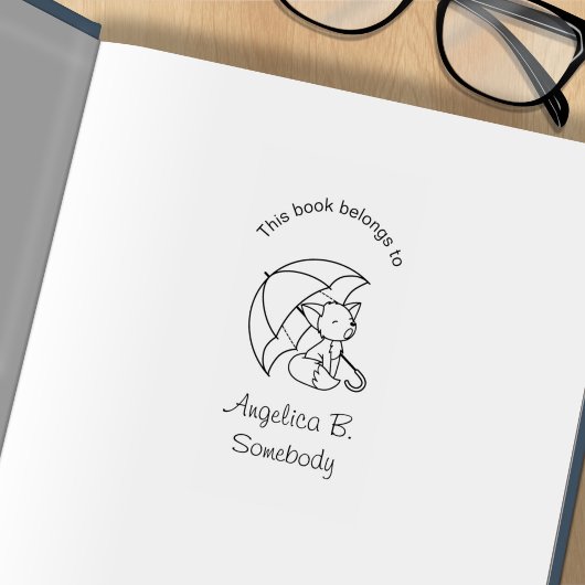 Cute Sleepy Little Fox onder Umbrella Bookplate Rubberstempel