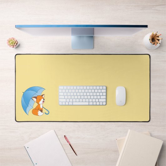 Cute Sleepy Little Fox onder Umbrella op Yellow Bureaumat (Kantoor 1)