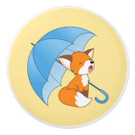 Cute Sleepy Little Fox onder Umbrella op Yellow Keramische Knop