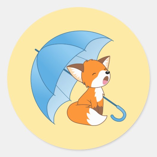 Cute Sleepy Little Fox onder Umbrella op Yellow Ronde Sticker (Voorkant)