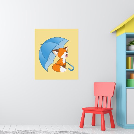 Cute Sleepy Little Fox onder Umbrella Poster (Kinderkamer 1)