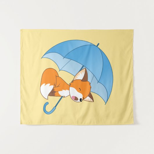 Cute Sleepy Little Fox onder Umbrella Wandkleed (Voorkant (horizontaal))