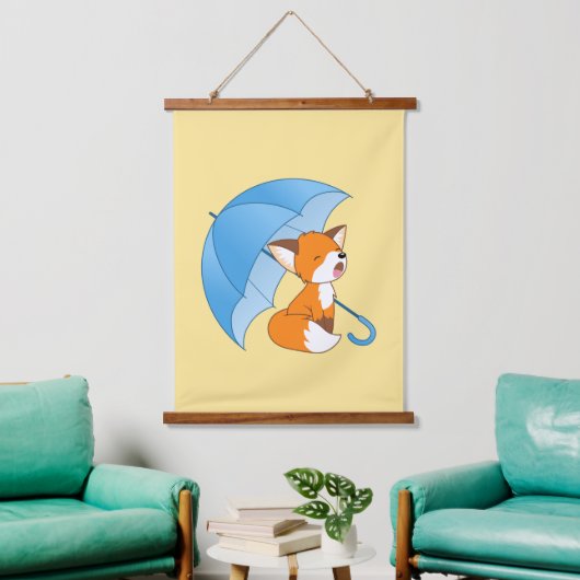 Cute Sleepy Little Fox onder Umbrella Yellow Hangend Wandkleed (Woonkamer)