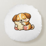 Cute Sleepy Puppy with Pillow Rond Kussen<br><div class="desc">Adorable kawaii puppy cuddling a cozy pillow. Perfect cute design for dog lovers and cozy vibes.</div>