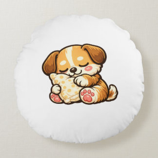 Cute Sleepy Puppy with Pillow Rond Kussen