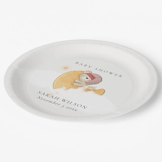 Cute Sleepy Roze Beer boven Moon Girl Baby shower Papieren Bordje (Gekanteld)