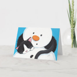Cute Sleepy Tuxedo Cat en Snowman-kerstkaart Feestdagen Kaart