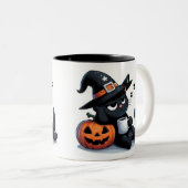Cute Sleepy Witch Cat & Pumpkin Halloween  Tweekleurige Koffiemok (Voorkant rechts)