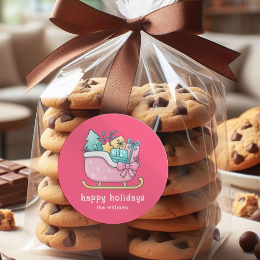 Cute Sleigh with Goodies Happy Holidays Pink Ronde Sticker