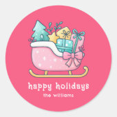 Cute Sleigh with Goodies Happy Holidays Pink Ronde Sticker (Voorkant)