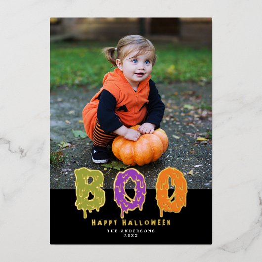 Cute Slimy Boo! Halloween Photo Gold Folie Feestdagenkaart (Voorkant)
