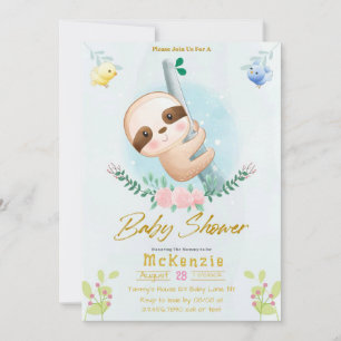 Cute Sloth and Birds Girl Baby shower Kaart