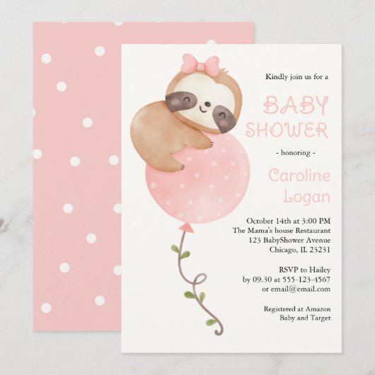Cute Sloth Baby Girl Baby shower Kaart (Voorkant / Achterkant)