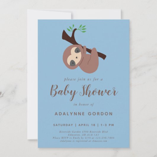 Cute Sloth Baby shower Boy Blue Brown Kawaii Kaart (Voorkant)