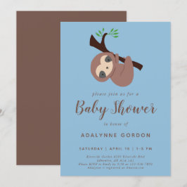 Cute Sloth Baby shower Boy Blue Brown Kawaii Kaart