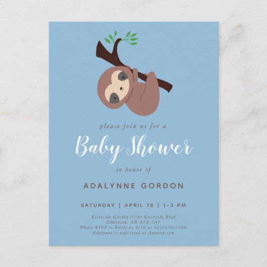 Cute Sloth Baby shower Boy Blue Calligraphy Invita Uitnodiging Briefkaart (Voorkant)
