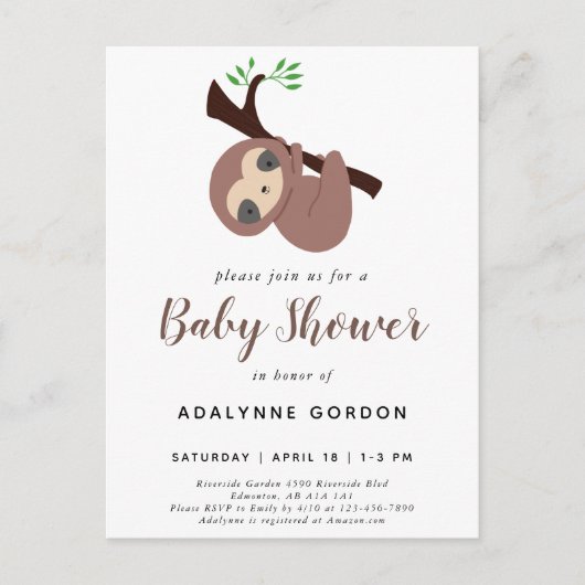 Cute Sloth Baby shower Boy Schattig Animal Invitat Uitnodiging Briefkaart (Voorkant)