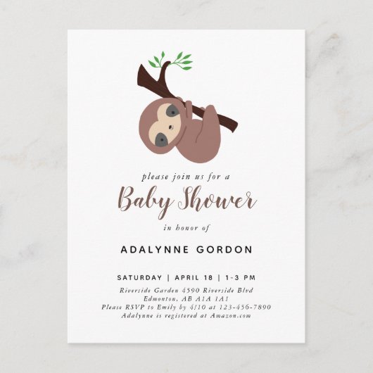 Cute Sloth Baby shower Boy Schattig Animal Invitat Uitnodiging Briefkaart (Voorkant)