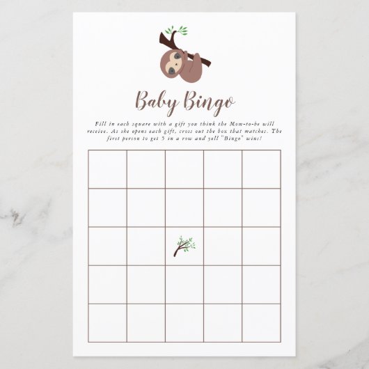 Cute Sloth Baby shower Game Bingo Brown Kawaii (Voorkant)