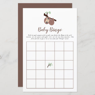 Cute Sloth Baby shower Game Bingo Brown Kawaii