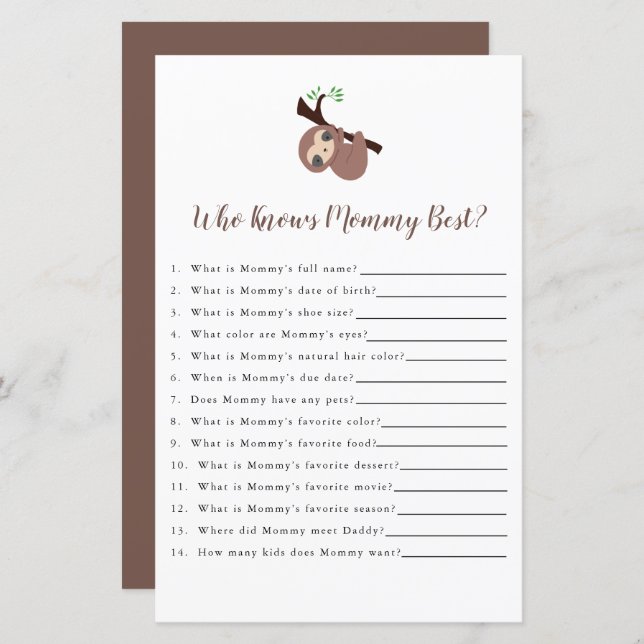 Cute Sloth Baby shower Game die mama het beste ken (Voorkant / Achterkant)