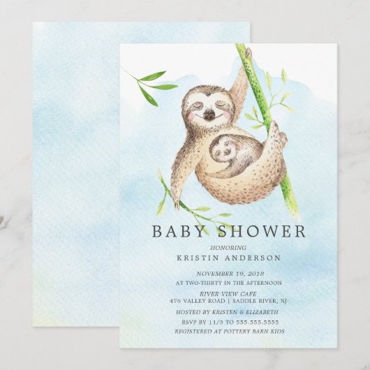 Cute Sloth Baby shower Invitation Kaart (Voorkant / Achterkant)