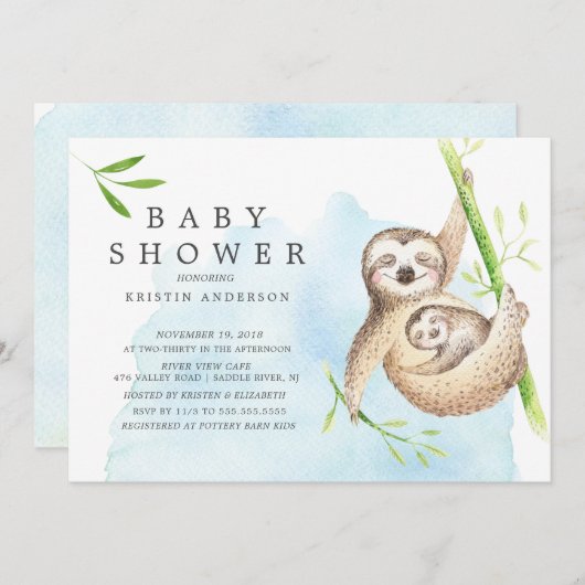 Cute Sloth Baby shower Invitation Kaart (Voorkant / Achterkant)