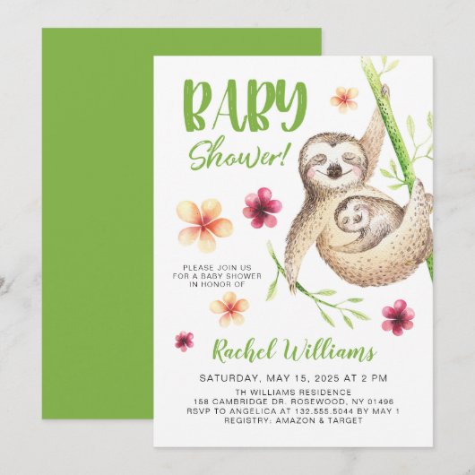 Cute Sloth Baby shower Kaart (Voorkant / Achterkant)