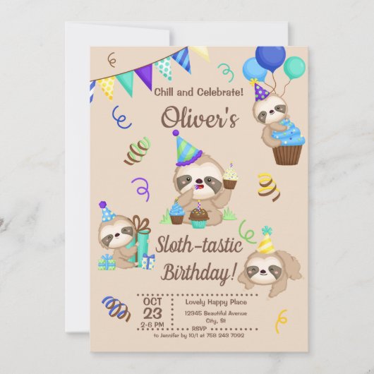 Cute Sloth Birthday Party Kaart (Voorkant)