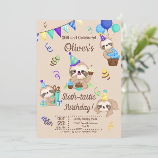Cute Sloth Birthday Party Kaart (Staand voorkant)
