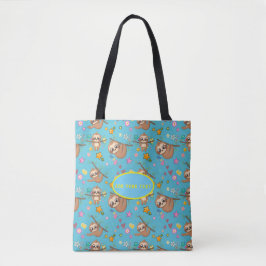 Cute Sloth Blauwe Patroon | Voeg Uw Tekst Sjabloon Tote Bag