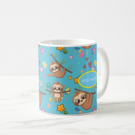 Cute Sloth Blue Pattern | Sjabloon Jouw tekst toev Koffiemok (Voorkant rechts)