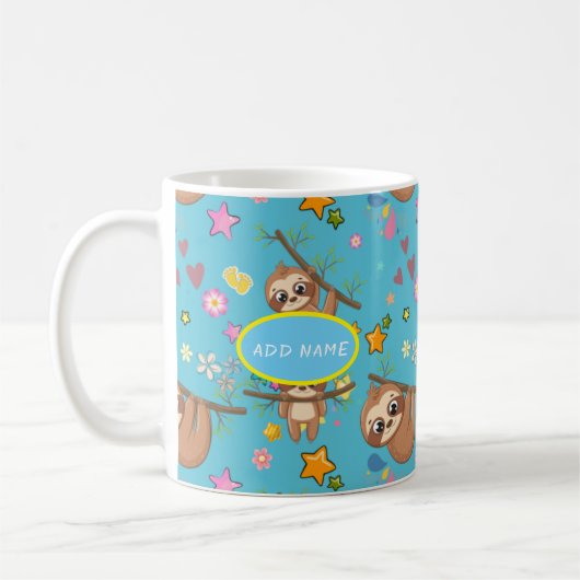 Cute Sloth Blue Pattern | Sjabloon Jouw tekst toev Koffiemok (Links)