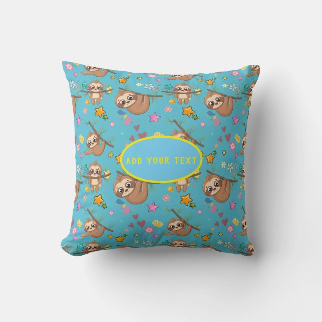 Cute Sloth Blue Pattern | Sjabloon Jouw tekst toev Kussen (Voorkant)