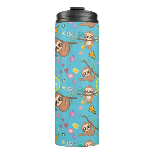 Cute Sloth Blue Pattern | Sjabloon Jouw tekst toev Thermosbeker (Voorkant)