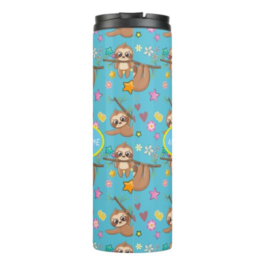 Cute Sloth Blue Pattern | Sjabloon Jouw tekst toev Thermosbeker (Achterkant)