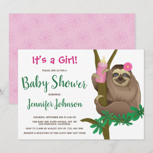 Cute Sloth Blush Pink Floral Baby shower Kaart